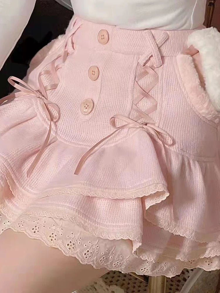 IAMHOTTY Coquette Aesthetic Mini Skirt Pink Cascading Ruffle A-line Buttons Lace-up Kawaii Skirts Japanese Fairycore Outfit Y2K