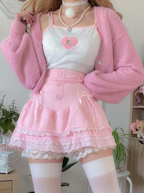 IAMHOTTY Coquette Aesthetic Mini Skirt Pink Cascading Ruffle A-line Buttons Lace-up Kawaii Skirts Japanese Fairycore Outfit Y2K