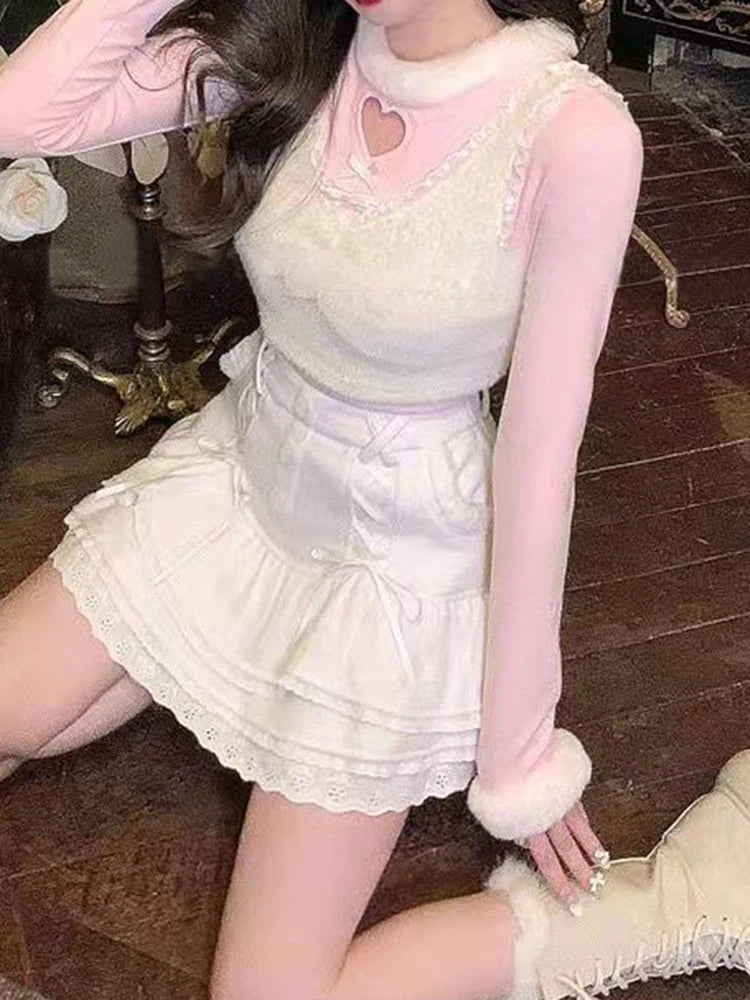 IAMHOTTY Coquette Aesthetic Mini Skirt Pink Cascading Ruffle A-line Buttons Lace-up Kawaii Skirts Japanese Fairycore Outfit Y2K