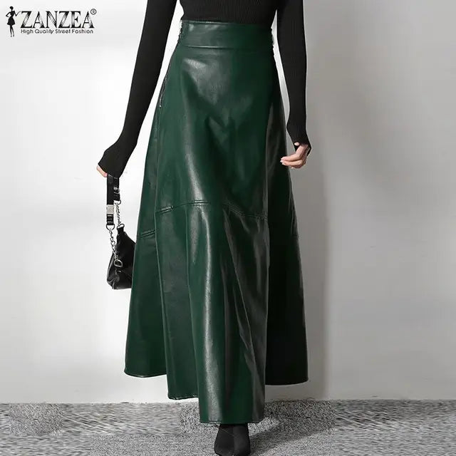 ZANZEA Women's Skirts Zipper PU Fashion High Waist A-line Skirt Office Ladies 2023 Spring Casual Solid Bottom Femme Oversize