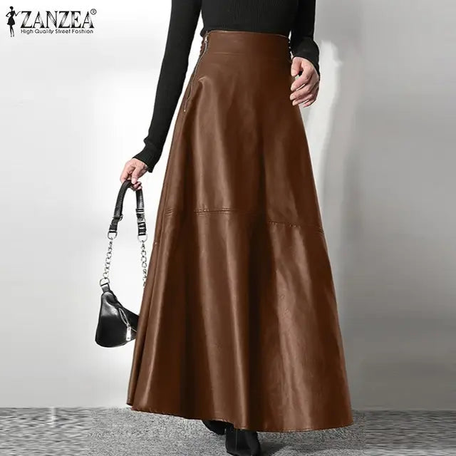 ZANZEA Women's Skirts Zipper PU Fashion High Waist A-line Skirt Office Ladies 2023 Spring Casual Solid Bottom Femme Oversize
