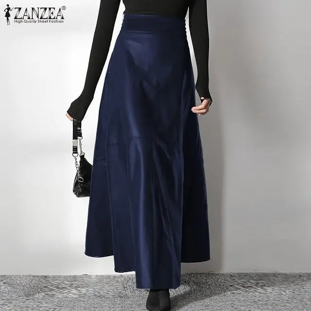 ZANZEA Women's Skirts Zipper PU Fashion High Waist A-line Skirt Office Ladies 2023 Spring Casual Solid Bottom Femme Oversize