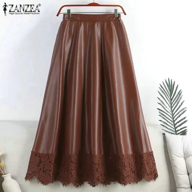 ZANZEA Women's Skirts Zipper PU Fashion High Waist A-line Skirt Office Ladies 2023 Spring Casual Solid Bottom Femme Oversize