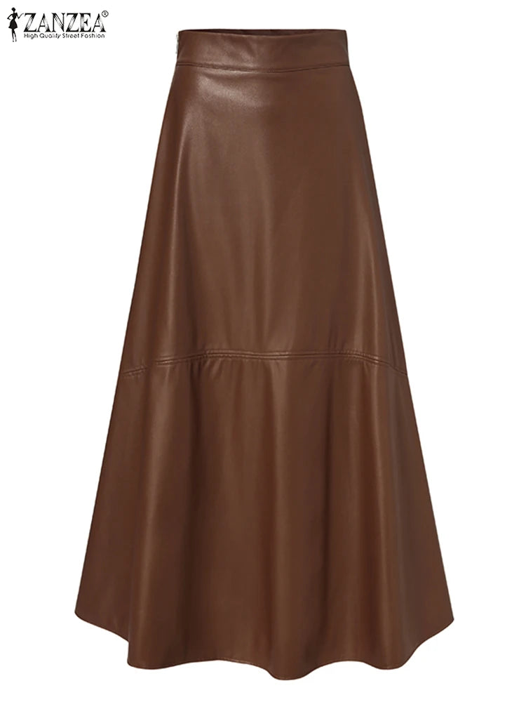 ZANZEA Women's Skirts Zipper PU Fashion High Waist A-line Skirt Office Ladies 2023 Spring Casual Solid Bottom Femme Oversize
