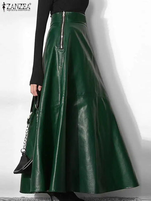 ZANZEA Women's Skirts Zipper PU Fashion High Waist A-line Skirt Office Ladies 2023 Spring Casual Solid Bottom Femme Oversize