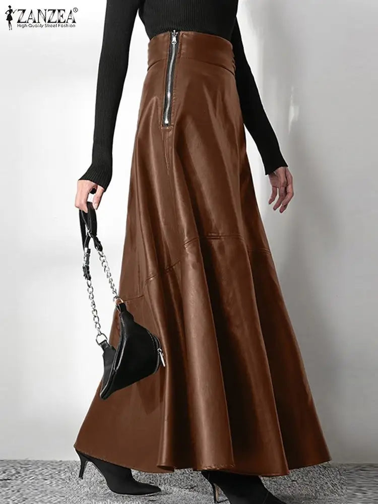 ZANZEA Women's Skirts Zipper PU Fashion High Waist A-line Skirt Office Ladies 2023 Spring Casual Solid Bottom Femme Oversize